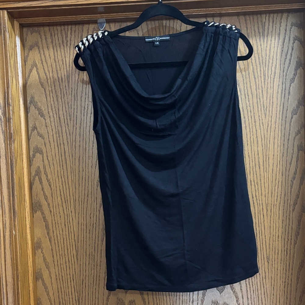 Elegant Black Cowl Neck Blouse with Chain Accents